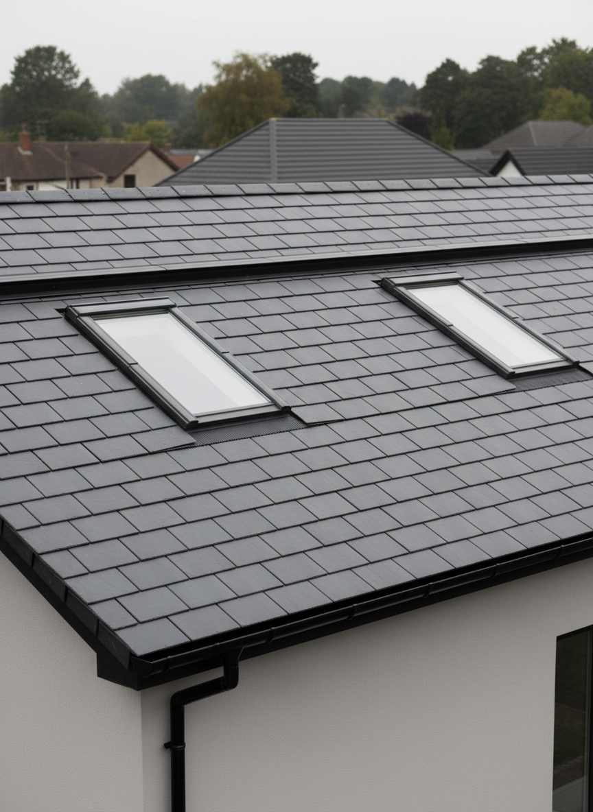 A newly renovated contemporary house roof with perfectly aligned dark gray slate tiles, each tile crisp and sharply defined, stretching across a broad, clean roof surface. At the roof’s center, a precisely installed matte-black ridge vent and two minimalist skylights sit flush with the tiles, emphasizing precision workmanship. The house façade below shows a neutral light-gray render with black aluminum gutters and downpipes. Captured at eye level from a slight diagonal angle, under soft overcast daylight that eliminates harsh shadows and highlights straight lines and flat planes. The background is subtly blurred suburban rooftops, maintaining focus on the featured roof. The mood is reassuring and corporate-professional, with a photographic realism and a clean, structured composition aligned to a modern business website aesthetic.